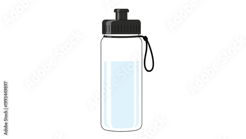 Reusable sports water bottle with a black cap and clear body partially filled with refreshing liquid isolated on a white background.