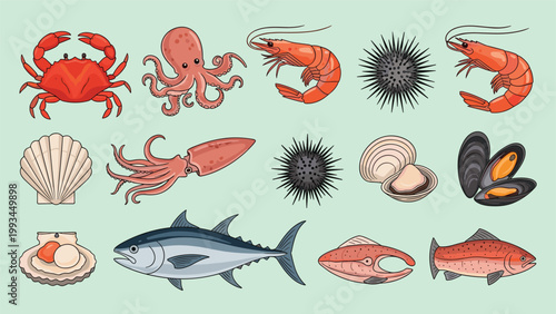 Comprehensive collection of various seafood illustrations including crab, octopus, shrimp, sea urchin, clams, mussels, and different fish.
