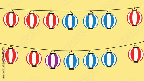 Traditional Japanese festival lanterns hanging in rows with red and blue stripes against a solid yellow background for celebration.