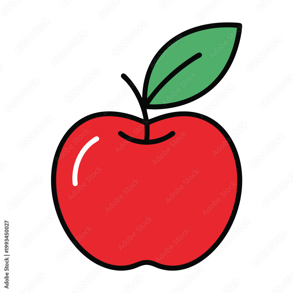 Fototapeta premium Simple red apple illustration with a green leaf and thick black outlines.