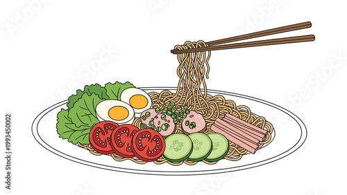 Plate of cold ramen noodles known as hiyashi chuka topped with tomato, cucumber, ham, egg, and meat being lifted with chopsticks.