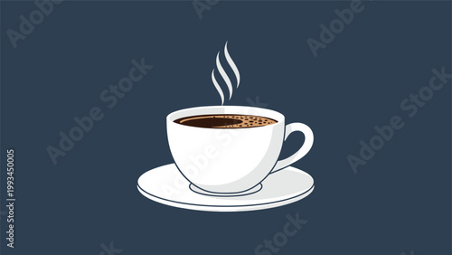 Steaming cup of hot black coffee served on a white saucer against a dark navy blue background for a minimalist caf
