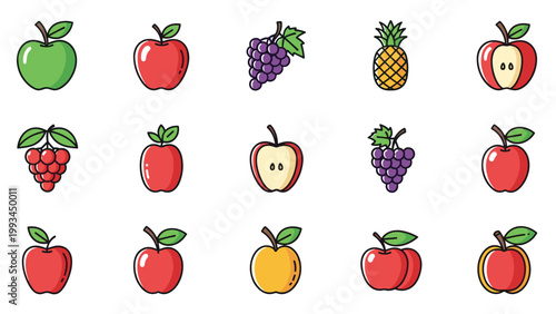Extensive collection of fruit icons including various apples, red and purple grapes, and a pineapple arranged in a neat grid.
