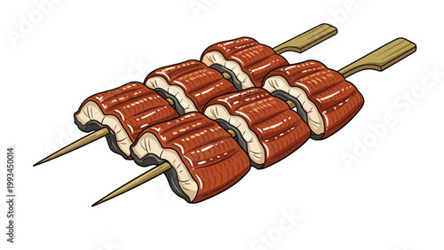 Two wooden skewers holding pieces of grilled Japanese eel known as unagi kabayaki with a shiny sweet glaze and visible texture.