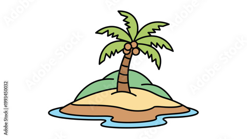 Small tropical desert island in the ocean with golden sand, green grass, and a single palm tree bearing coconuts under a white sky.