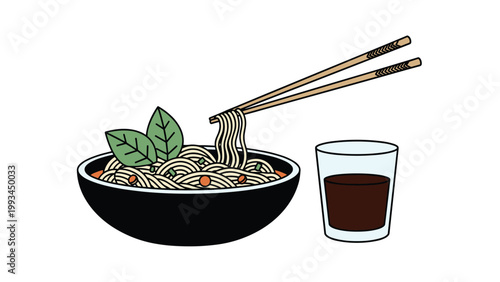 Bowl of savory noodles with green leaves on top served with a small glass of dark dipping sauce on a plain white background.