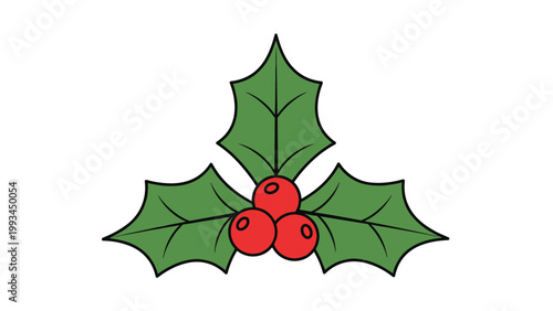 Three bright red holly berries are nestled between three sharp green leaves to represent a classic Christmas and holiday decoration.