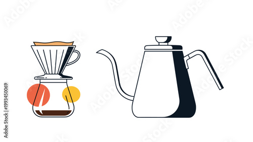 Professional coffee brewing equipment set including a glass dripper on a carafe and a gooseneck kettle for specialty cafe illustrations.