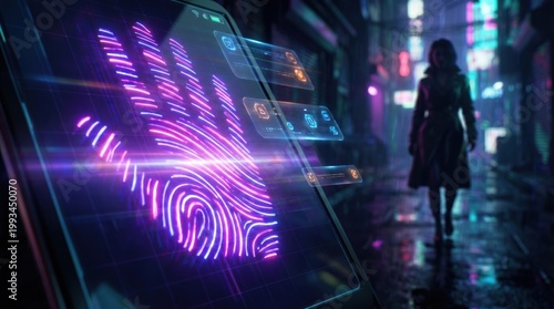 Futuristic Woman in Trench Coat Walking in Neon Alley with Biometric Handprint Scan