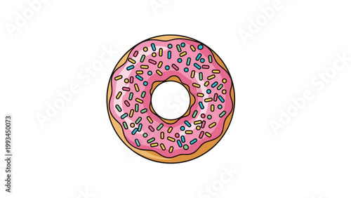 Delicious round donut topped with pink strawberry glaze and a generous amount of multicolored sprinkles on a white background.