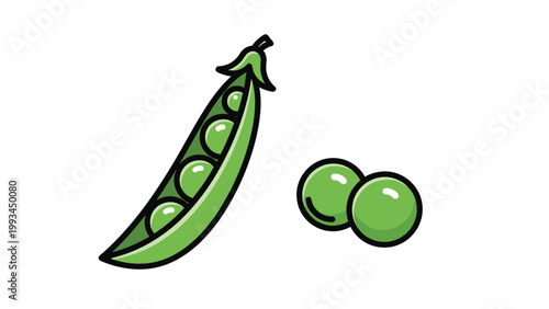 Vibrant green pea pod illustration featuring small round peas inside and two loose peas beside it for healthy food and garden concepts.