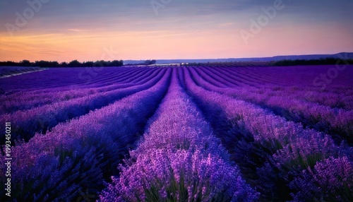 Lavender field at sunset - A serene landscape of purple rows.