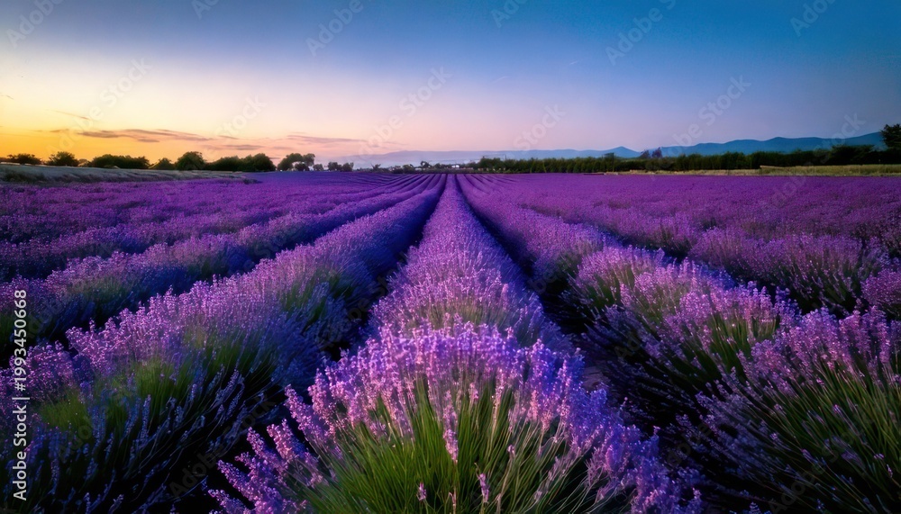 Obraz premium Lavender field at sunset with rows of purple flowers in Provence.