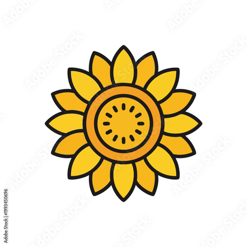 Minimalist sunflower icon with vibrant yellow petals and a textured seed center.