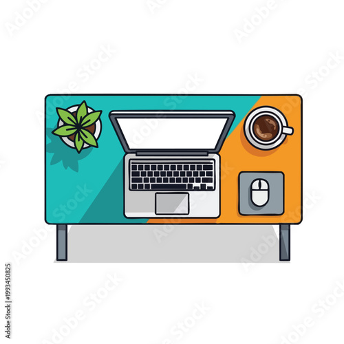 Top view of a modern desk with laptop plant and coffee.