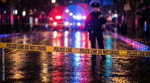 Female police officer standing behind yellow crime scene tape on a rainy city street at night