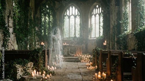 Ghostly Young Woman in White Lace Dress in Haunted Abandoned Gothic Chapel with Candles