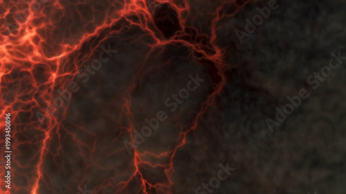 Glowing fiery red-orange veins or cracks spreading across a dark textured smoke with luminous branching patterns like molten lava or electrical energy on a shadowy background