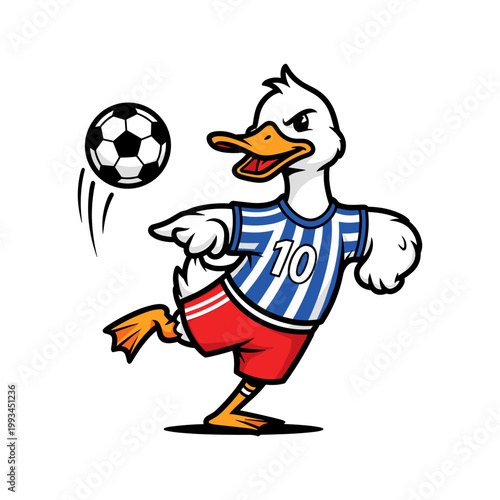 Energetic Cartoon Duck Kicking Mid-Air Soccer Ball in Striped Jersey