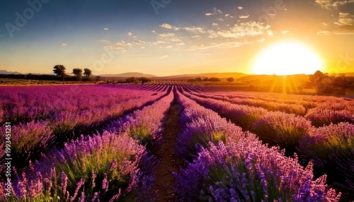 Lavender Fields at Sunset - A Serene Landscape of Purple Hues.