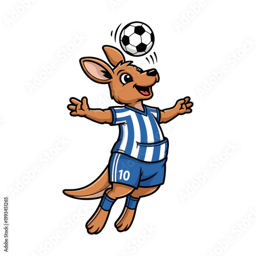 Lively Cartoon Kangaroo Heading Soccer Ball in Blue Striped Jersey
