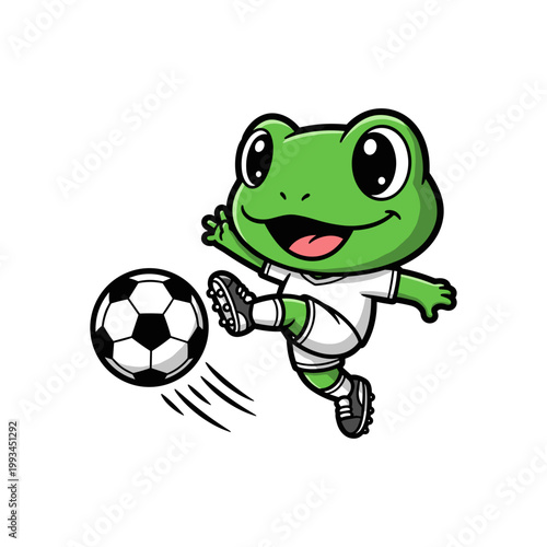 Cheerful Cartoon Frog Kicking Soccer Ball in White Jersey