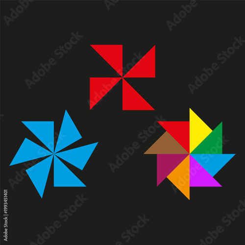 Pinwheel set. Colorful Vector shapes. Geometric swirl symbols. Vibrant rotation element. Manual vector only. No autotrace used.