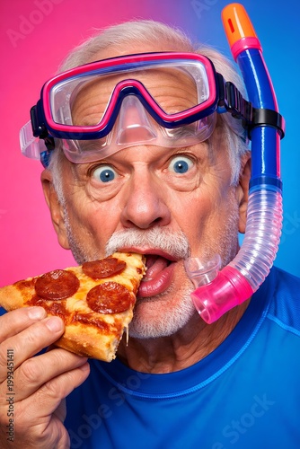 close-up portrait of a bewildered elderly man wearing a snorkel while eating a slice of pepperoni pizza