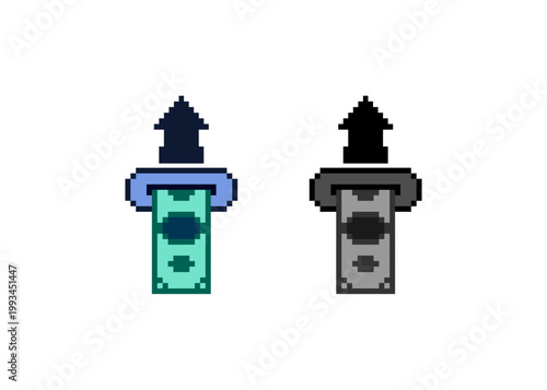 Pixel art icons showing cash being inserted into or withdrawn from a slot with an upward arrow, representing digital payments, banking transactions, or deposits in a retro gaming style.