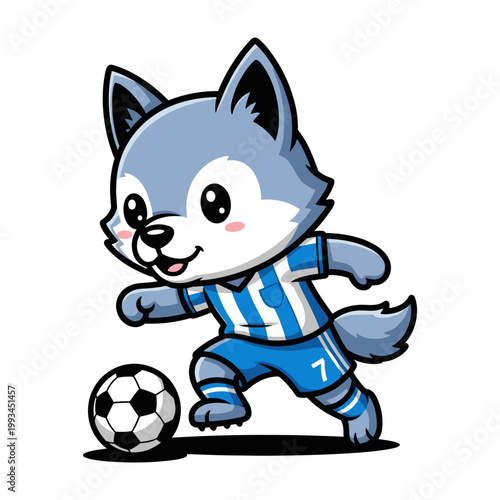Adorable cartoon wolf pup mascot playing soccer, dribbling football with blue striped jersey number 7, cute animal sports.