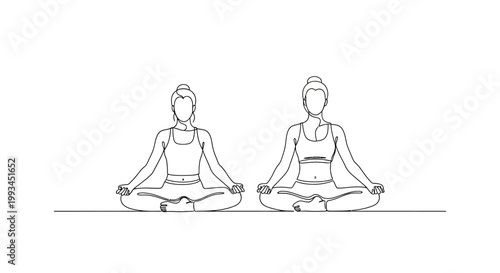 Two Women Meditating in Lotus Pose, Minimalist Line Art, Yoga Illustration