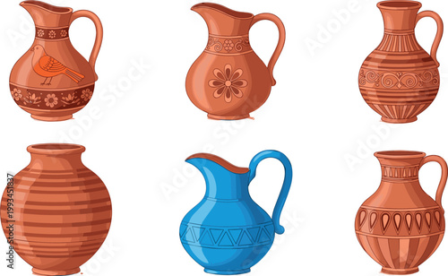 Decorative Ceramic Pitcher Set with Traditional Clay Jugs and Vintage Pottery Vector Illustration