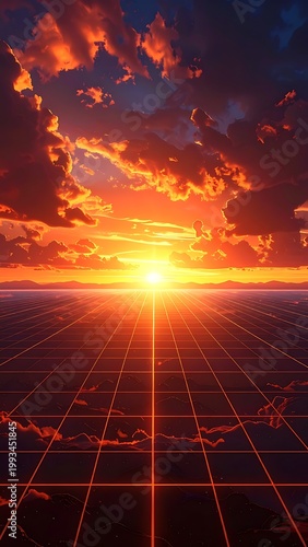 A vibrant sunset casts a fiery glow across a grid landscape. The sun's light emanates from the horizon, illuminating puffy clouds