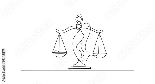 Continuous line drawing of scales of justice with abstract female figure, symbolizing law and balance