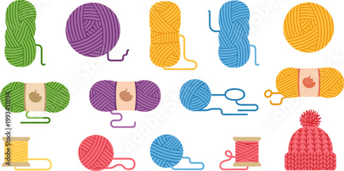 Colorful Yarn and Knitting Icon Set Featuring Balls of Wool, Skeins, Threads, and Handmade Textile Craft Elements Flat Vector Illustration