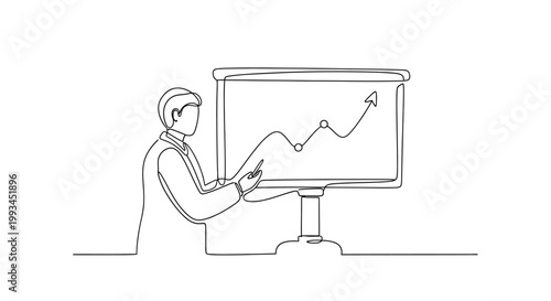 Businessman presenting growth chart on whiteboard, business success concept, line art