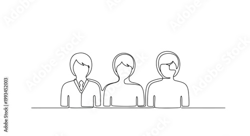 Three people, single line drawing, minimal illustration, teamwork, unity, diversity