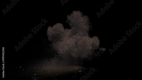 Side view of Missile Strike with floor debris and dust from the ground with smoke dissipation on a black background