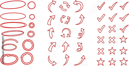Red hand drawn arrows circles checks.