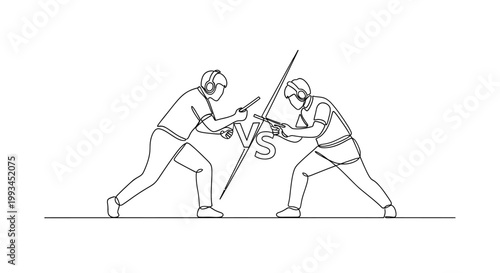 Two fencers in continuous line drawing style, facing off with swords