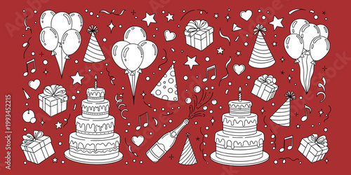 Birthday party elements hand drawn doodle.
