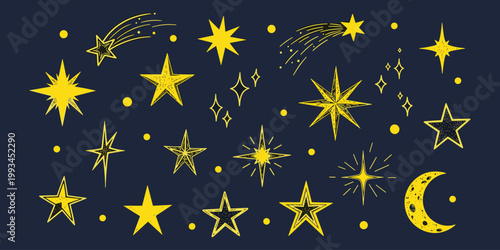 Yellow stars and crescent moon on dark.