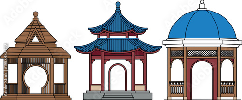 Decorative Gazebo Pavilion Set with Asian and Classic Architectural Styles Vector Illustration