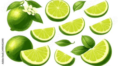 Fresh green apples with a glossy skin and small leaves. isolated on transparent background