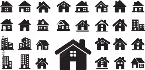 Various House Icons and Buildings in Black Color
