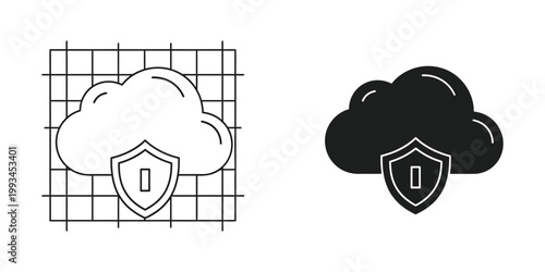 Secure cloud storage illustration with shield symbol inside a grid and solid cloud