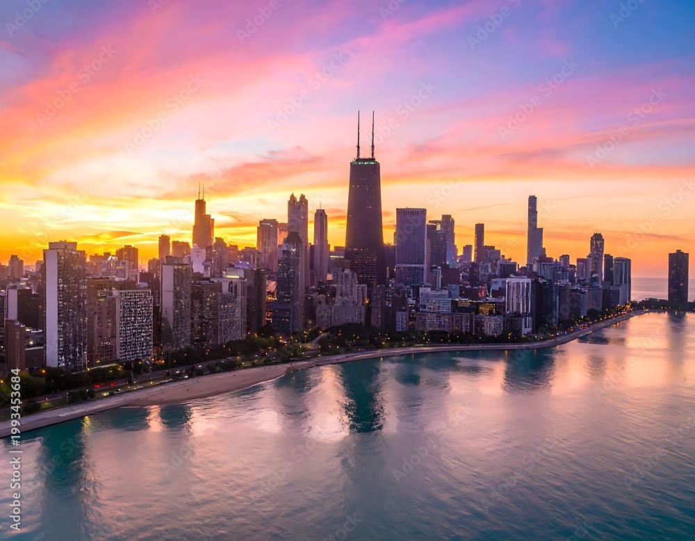 Obraz premium Aerial view of a city skyline at sunset. Skyscrapers tower over calm water reflecting the colorful sky. A beach can be seen