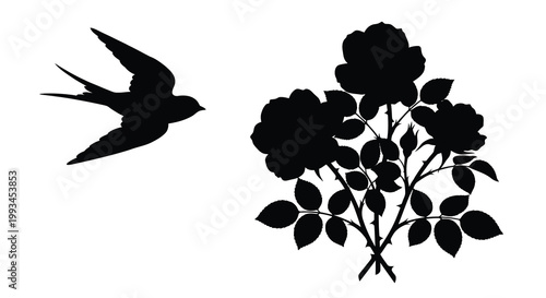 A bird in flight and roses depicted as a striking black silhouette