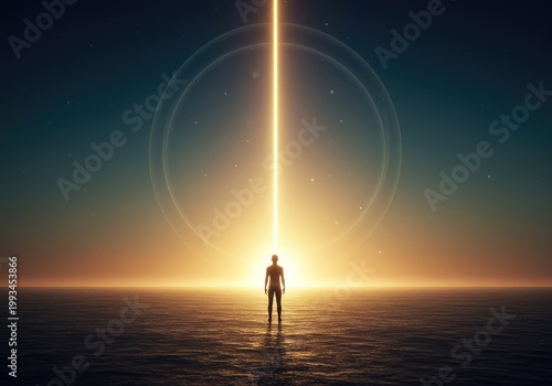 Abstract minimalist visualization of spiritual ascension toward an infinite luminous void, representing freedom, potential, and boundary dissolution ,growth ,freedom ,potential