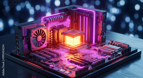 Futuristic computer motherboard with glowing neon processor and cooling fan